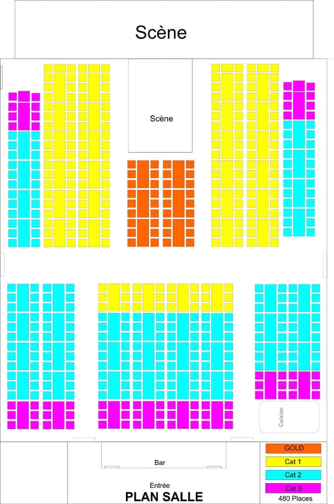 Plan de salle du Cabaret L'Élégance — catégories Gold, Catégorie 1, 2 et 3